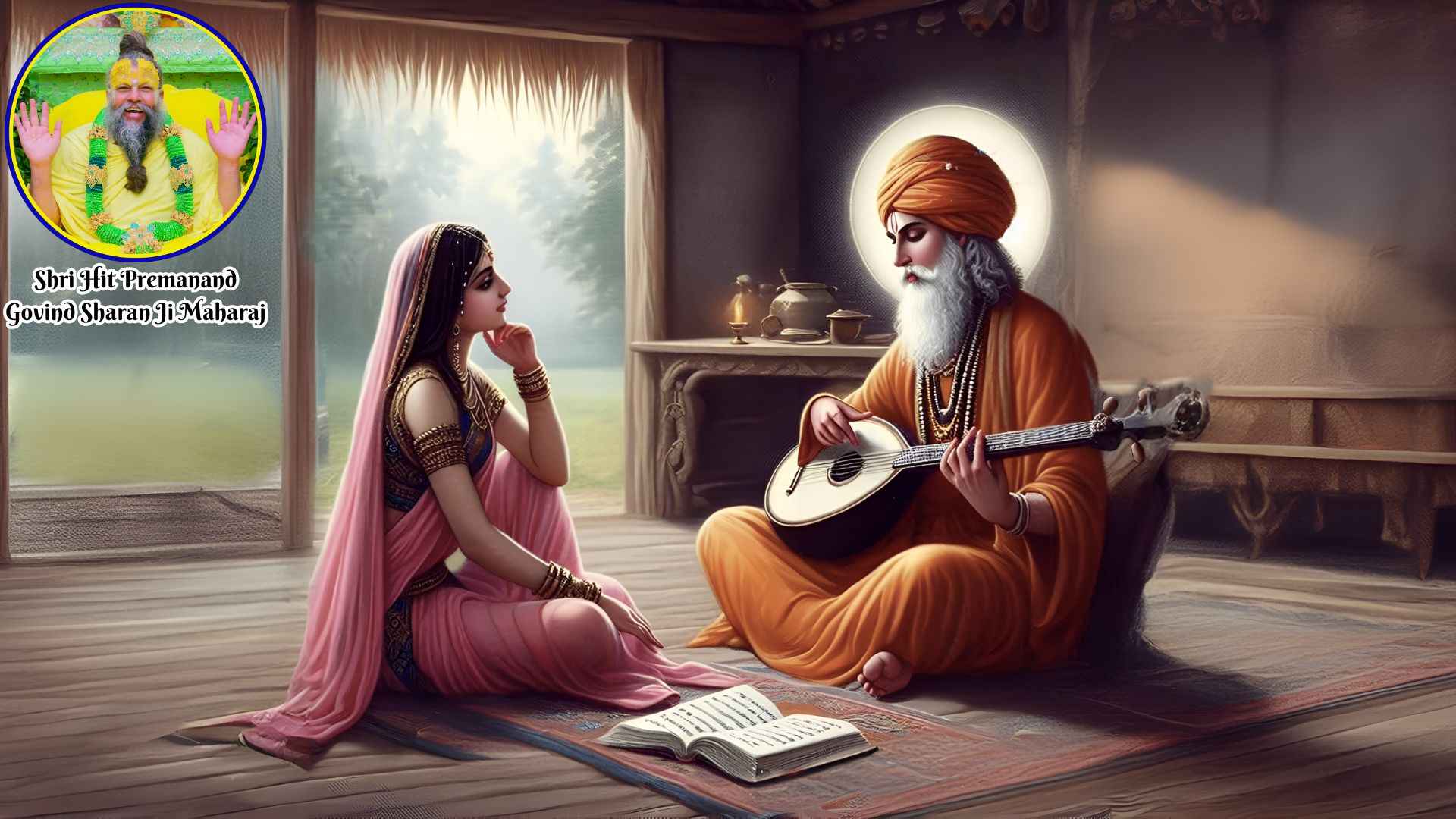 a sage teaching a woman how to sing and play instruments for lord